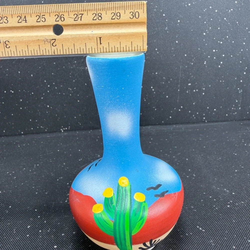 Tesa by Maack Co Desert Landscape Pottery Vase Hand Painted Cactus 5in Blue Red